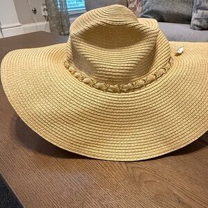 Wide Brim Straw Sun Hat with Chain Accent - Beige